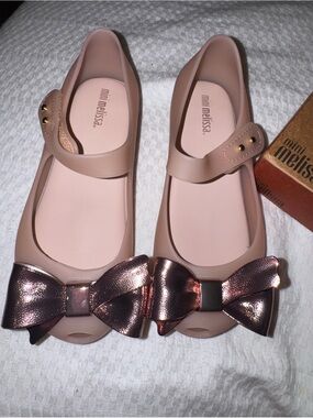 Mini Melissa Ultragirl Rose Gold Pink Mary Jane Jelly Shoes Metallic Bow Size 11
